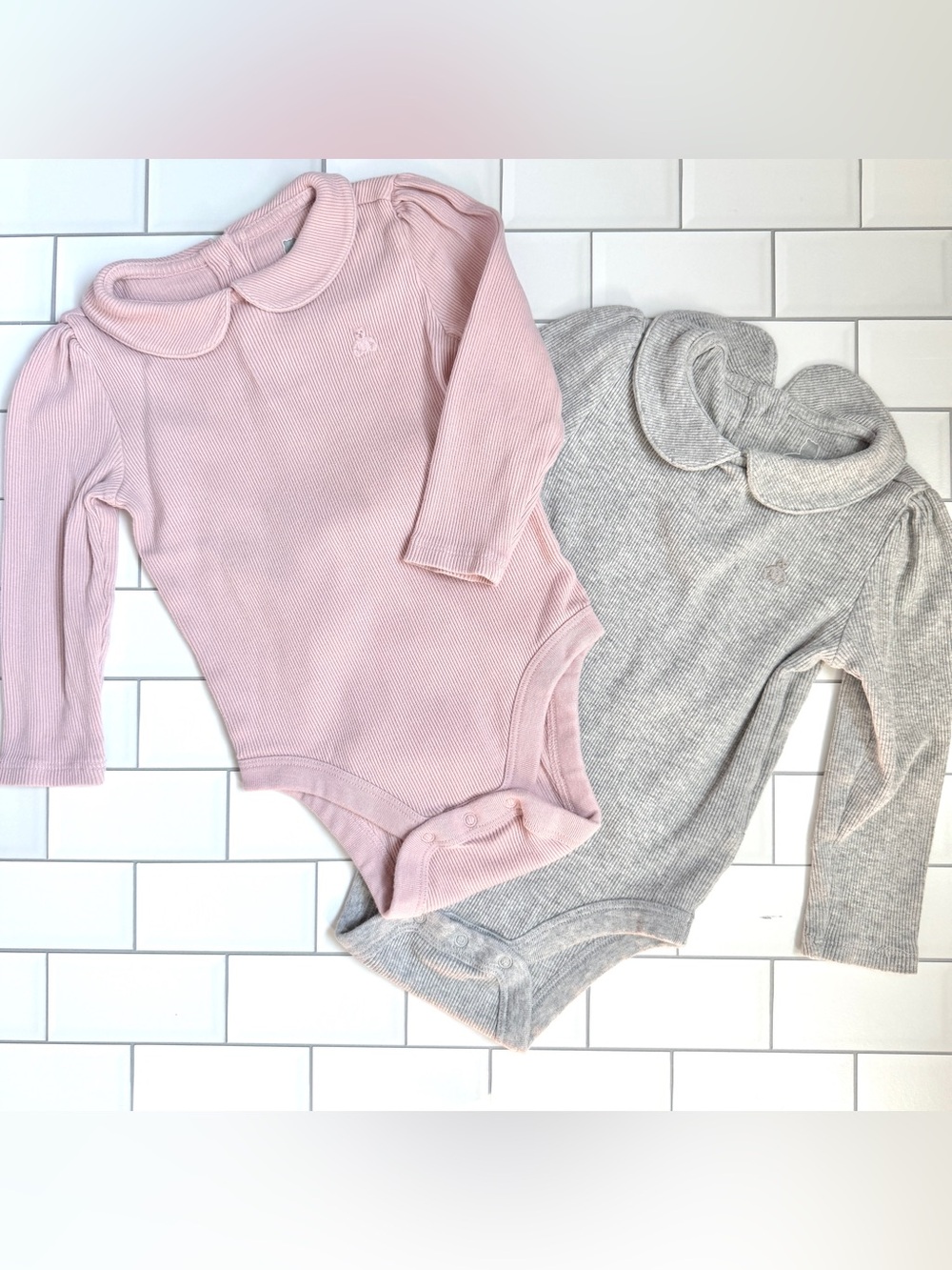 12-18M🩶 Baby GAP Rib Cotton Knit Peter Pan Collar Long Sleeve Snap Bodysuit